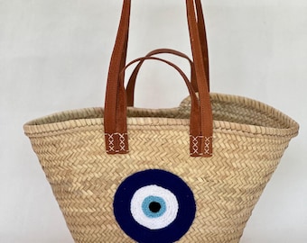 Handmade Wicker Tote Bag – Moroccan Boho Basket with Leather Handles