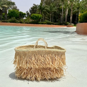 パニエ ボエム シック – ハンドメイド ラフィア ビーチ バッグ – サック ド マルシェ アン パイユ avec franges naturelles