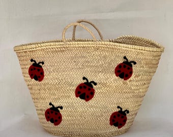 Marienkäfer Stroh Tote | Handgewebter marokkanischer Korb | Große umweltfreundliche Strandtasche