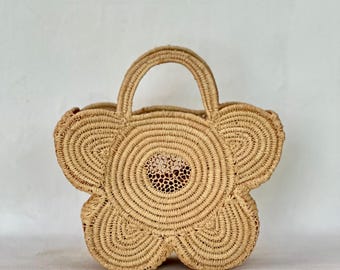 Bolso de rafia Daisy hecho a mano – Mini bolso bohemio con asas de cuero