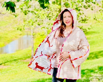 Downloadable Digital PDF PATTERN for Quilted Coat with Hood / Reversible / with FREE video tutorials / Upcycle Vintage Quilt