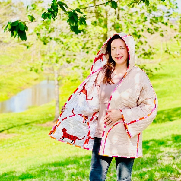 Downloadable Digital PDF PATTERN for Quilted Coat with Hood / Reversible / with FREE video tutorials / Upcycle Vintage Quilt