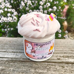 May include: A jar of "Pawprint's Toasted Marshmallow Fluff" slime. The slime is light pink and topped with pink sprinkles and a colorful candy straw. The jar has a label with a cartoon cat and flames.
