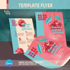 A5 Flyer - CANVA TEMPLATE - 2 pages - editable template + illustration | digital and print - show and theatre party | Pink cherries