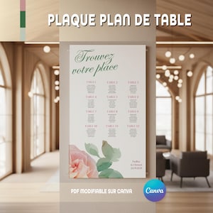 Panneau Plan de Table de Mariage F4/A1 | Modèle Canva Romantique Français | Style Bridgerton Classique Moderne | aquarelle floral rose