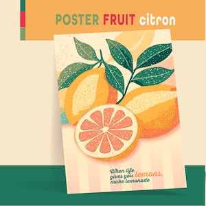 AFFICHE Citation CITRON OPTIMISTE | Poster Vintage "Make Lemonade" | Art Mural Rétro 70s et Bohème | Décoration Cuisine et coin repas Jaune
