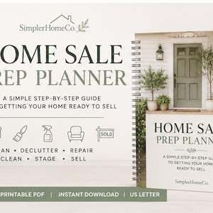 May include: A spiral-bound Home Sale Prep Planner with 21 pages in US Letter size. The cover features the text Home Sale Prep Planner, a guide to getting your home ready to sell, and icons for planning, decluttering, repairing, cleaning, and staging.