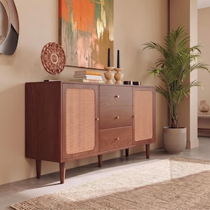 Rattan Sideboard Buffet, Mid-Century Modern Cane Credenza, Walnut Wood Storage Cabinet with Drawers, Boho Chic Dining Room Console