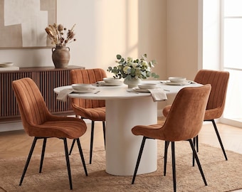 Set of 4 upholstered chairs in terracotta - dining chairs covered in high-quality chenille fabric with grooved stitching and black metal legs