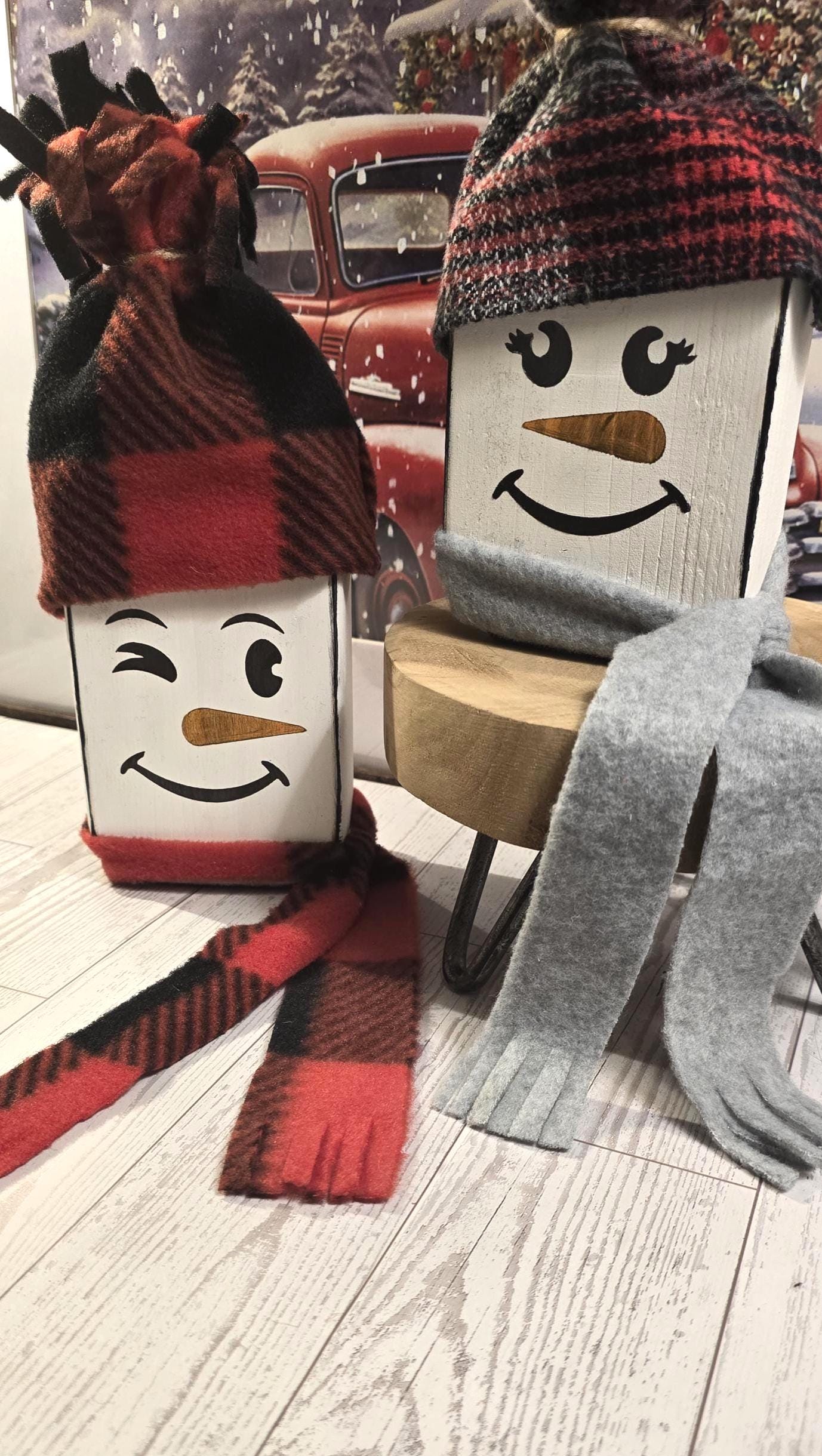Rustic Wooden Snowman set of 2, Holiday Wood Decor, Snowman with scarfs, Winter snowman, Snowman and Snowwomen, Christmas decor - Thumbnail 5