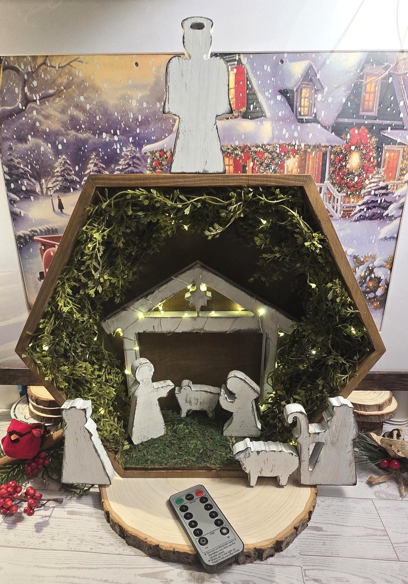 Handmade Rustic Wooden Nativity Scene with LED lights, Farmhouse Christmas Manger set, Religious holiday decor tabletop display, Baby Jesus - Thumbnail 3
