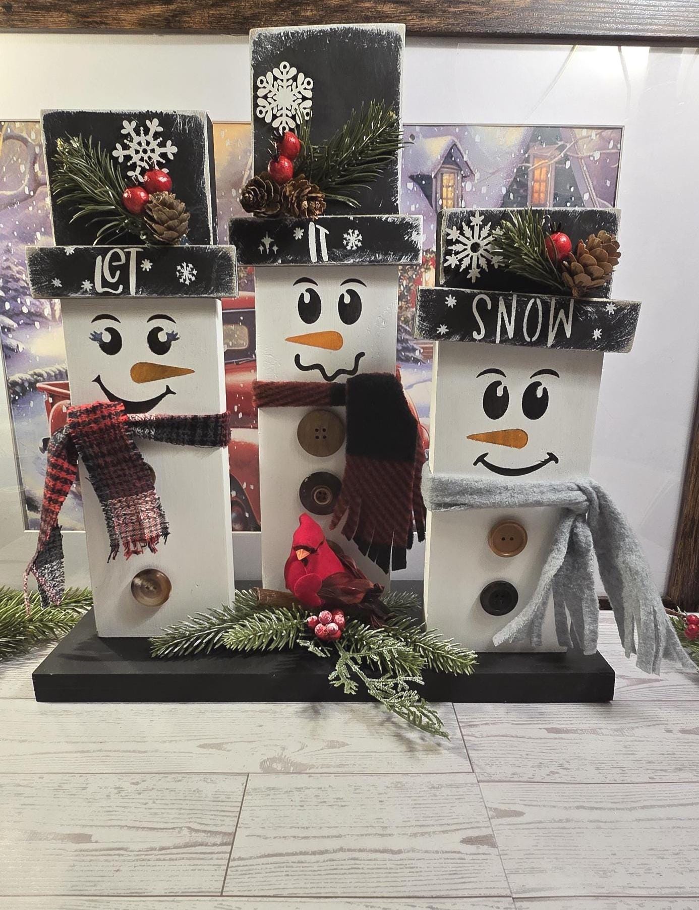 Rustic Snowman Shelf Sitter-Christmas Wood Decor-Hand painted Wood Snowman- Winter Holiday Centerpiece-Wood Snowman set - Thumbnail 2