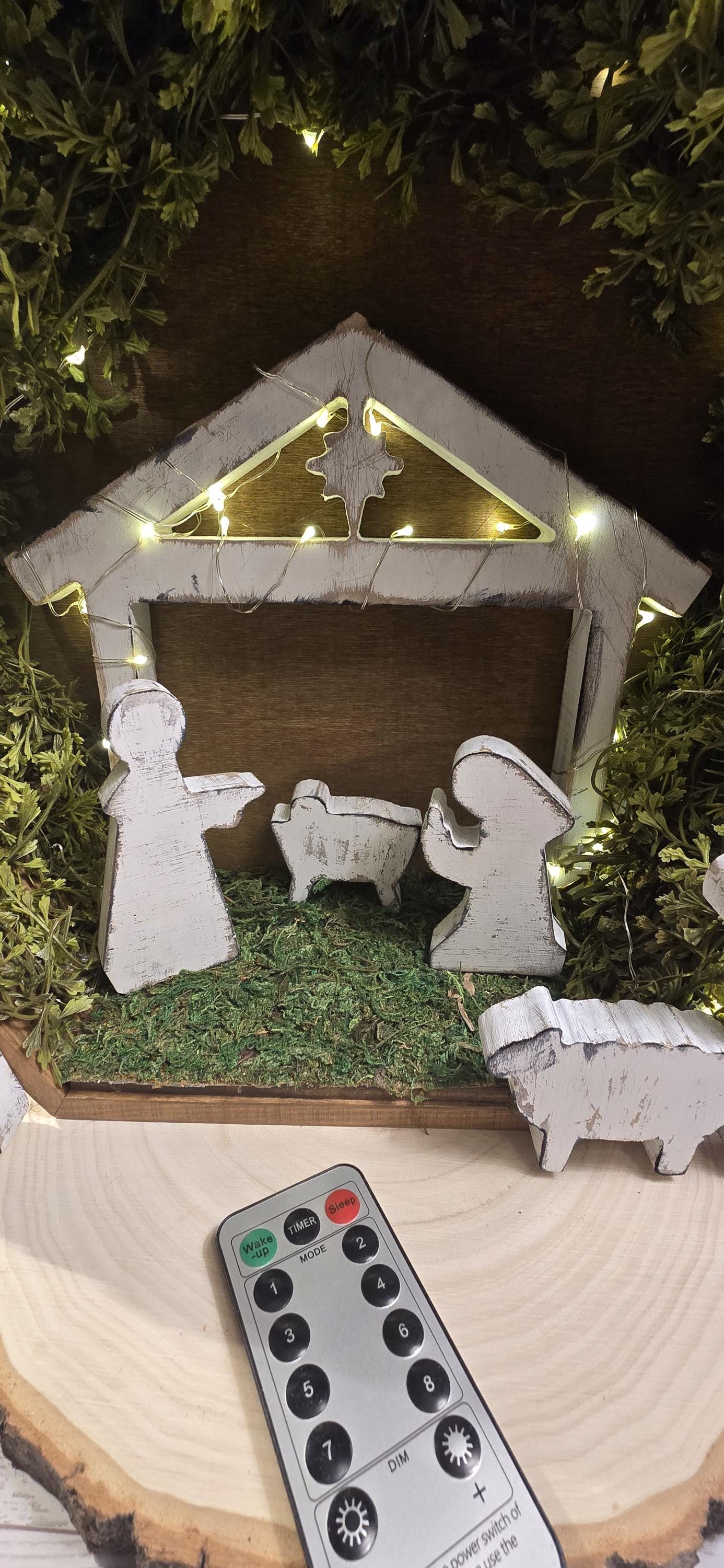 Handmade Rustic Wooden Nativity Scene with LED lights, Farmhouse Christmas Manger set, Religious holiday decor tabletop display, Baby Jesus - Thumbnail 2