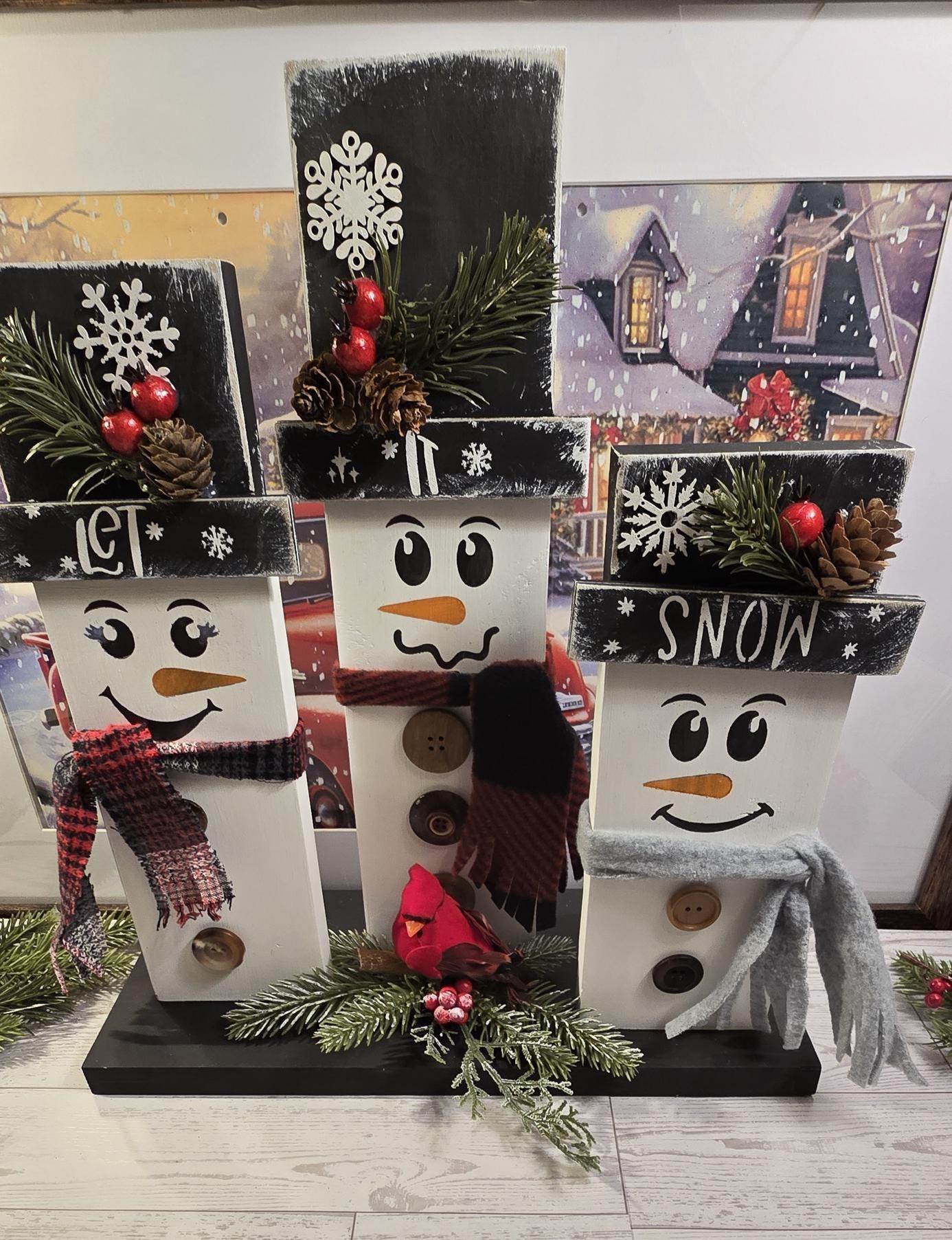Rustic Snowman Shelf Sitter-Christmas Wood Decor-Hand painted Wood Snowman- Winter Holiday Centerpiece-Wood Snowman set - Thumbnail 3