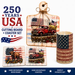 May include: A patriotic cutting board and coaster set with an American flag and a red truck design. The set includes a wooden cutting board, two coasters, and a candle with a star-spangled banner design. The text reads "250 Years USA".