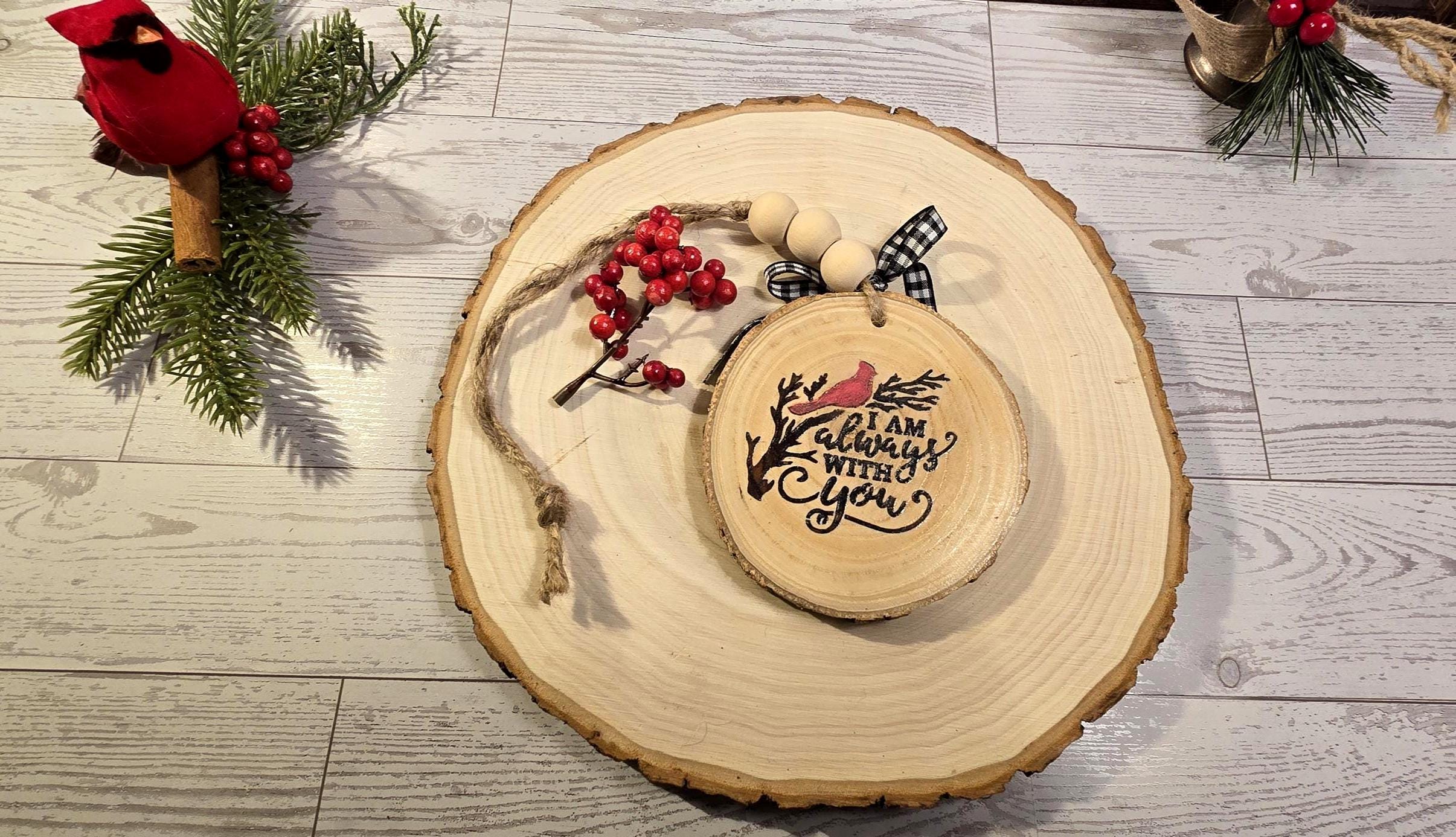 Natural Wood Slice Christmas Ornament, Hand Painted-Christmas Tree Ornaments, Rustic Wood Slice Ornaments, I am always with you saying - Thumbnail 6