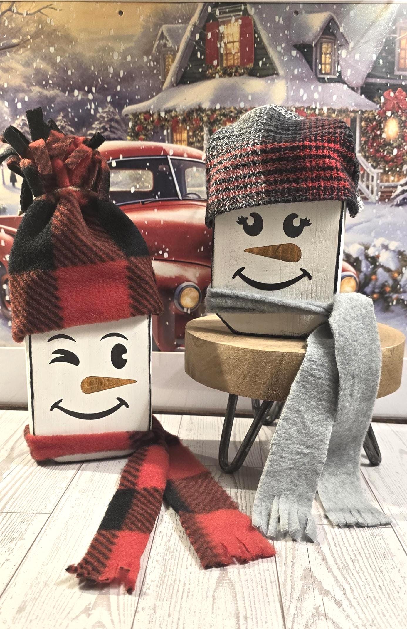 Rustic Wooden Snowman set of 2, Holiday Wood Decor, Snowman with scarfs, Winter snowman, Snowman and Snowwomen, Christmas decor - Thumbnail 3
