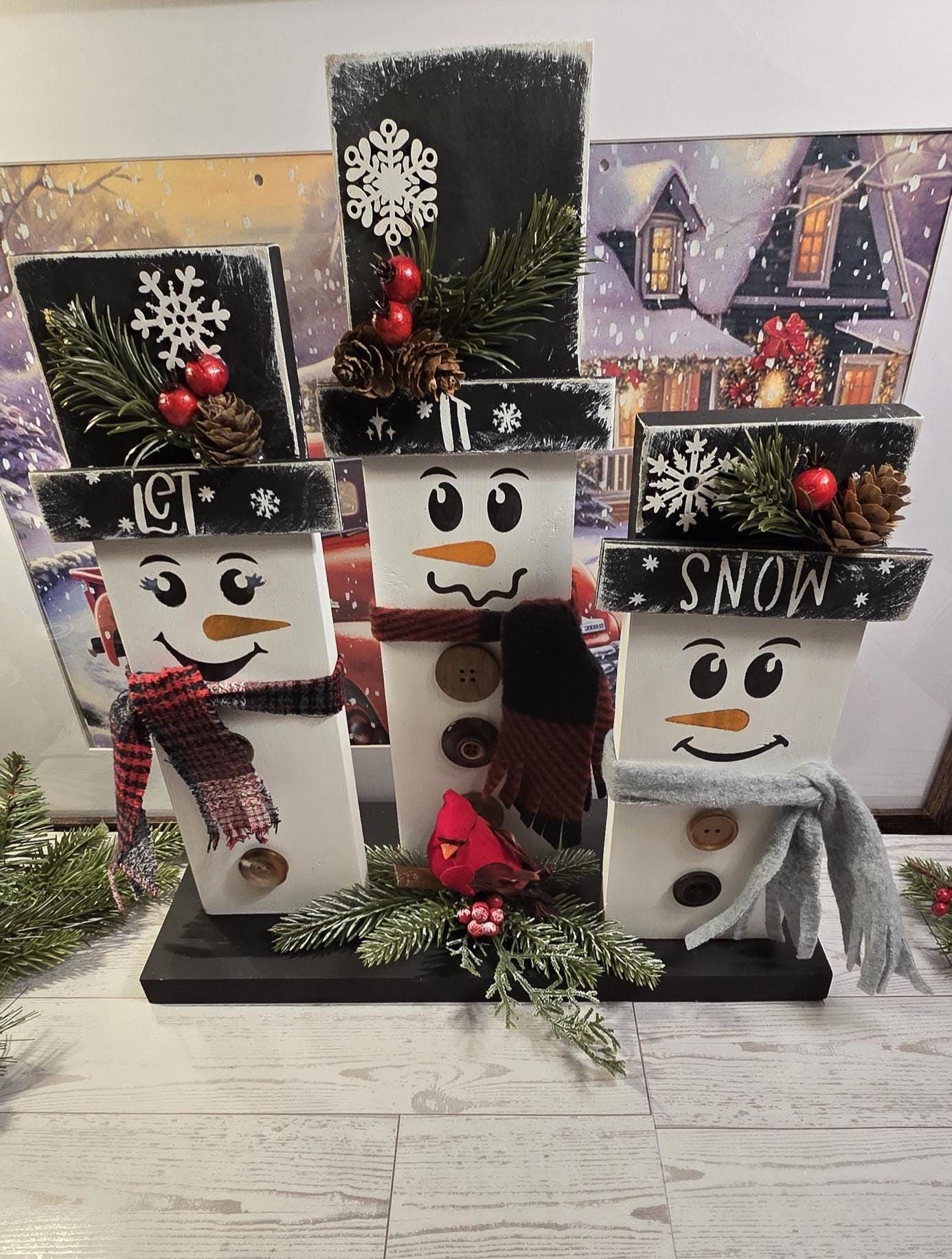 Rustic Snowman Shelf Sitter-Christmas Wood Decor-Hand painted Wood Snowman- Winter Holiday Centerpiece-Wood Snowman set - Thumbnail 5