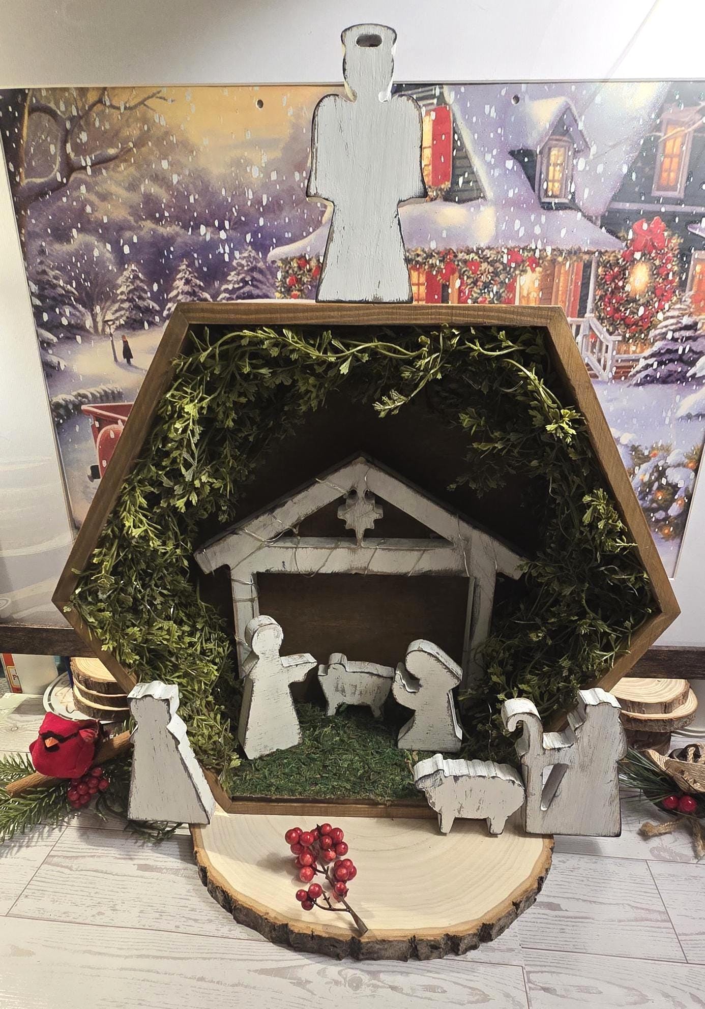 Handmade Rustic Wooden Nativity Scene with LED lights, Farmhouse Christmas Manger set, Religious holiday decor tabletop display, Baby Jesus - Thumbnail 5