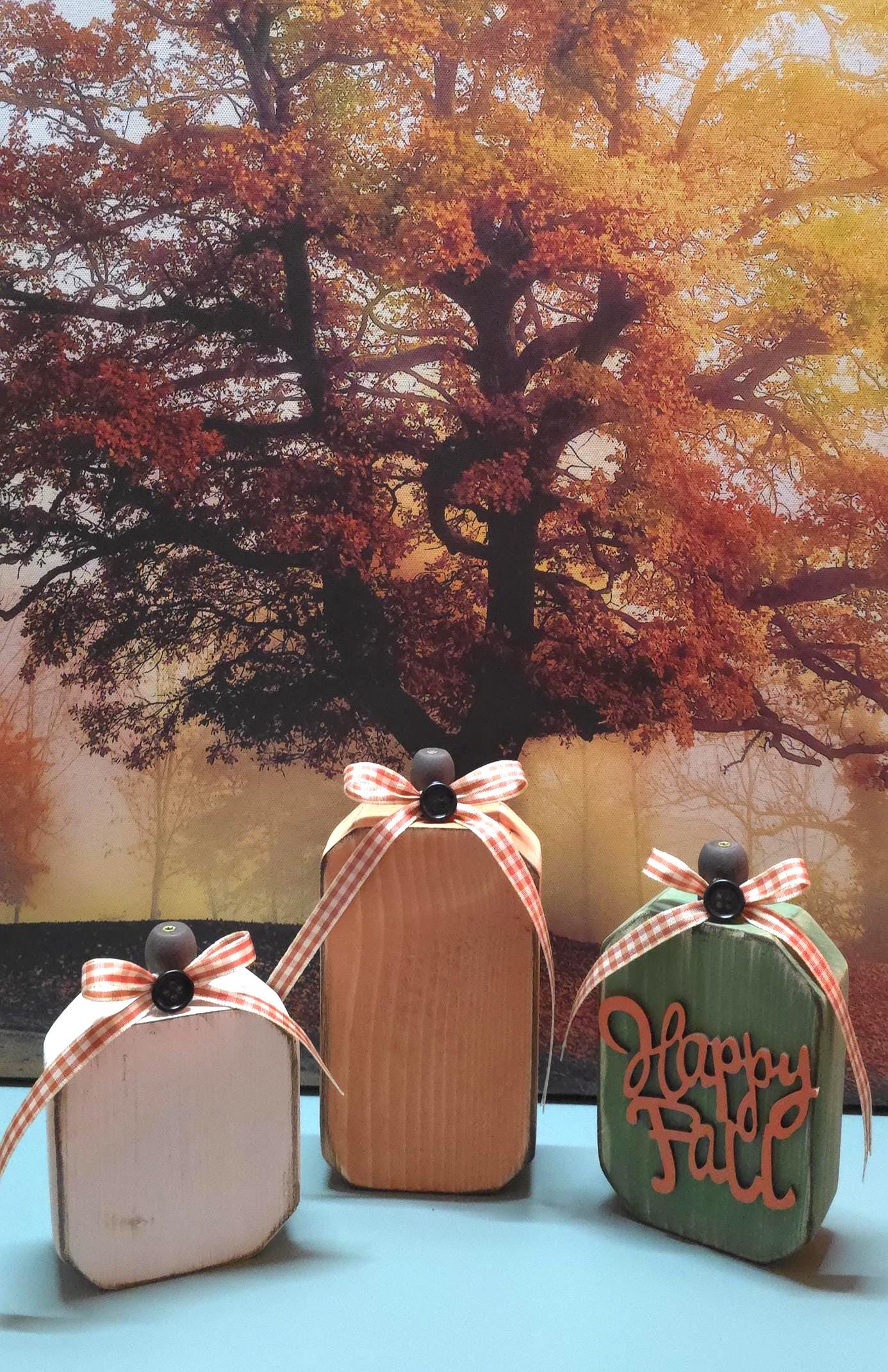 Wood pumpkins, fall decor, table decor, thanksgiving decor, wood shelf sitter, Handmade rustic wooden pumpkin set, wood pumpkins - Thumbnail 6
