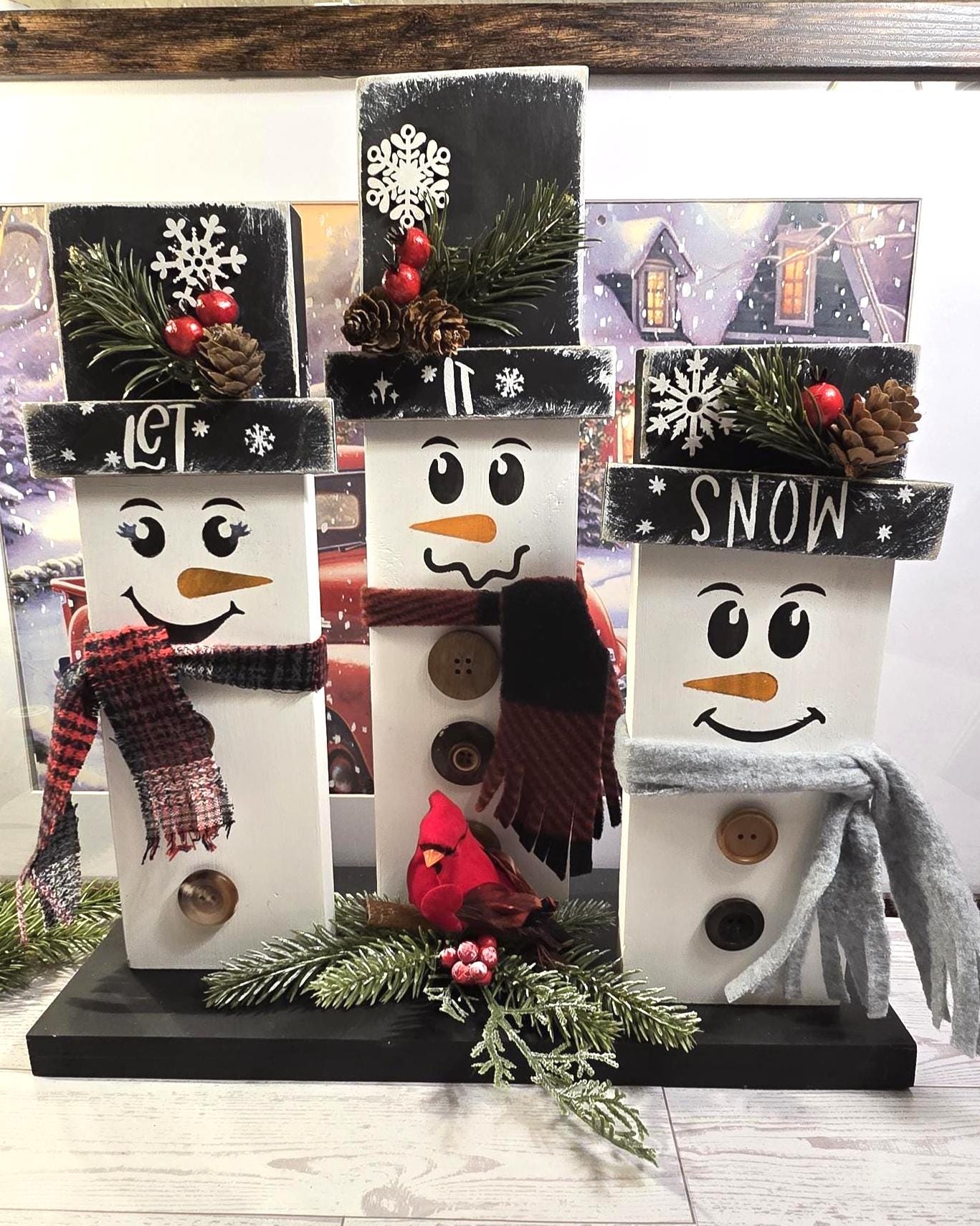Rustic Snowman Shelf Sitter-Christmas Wood Decor-Hand painted Wood Snowman- Winter Holiday Centerpiece-Wood Snowman set - Thumbnail 6