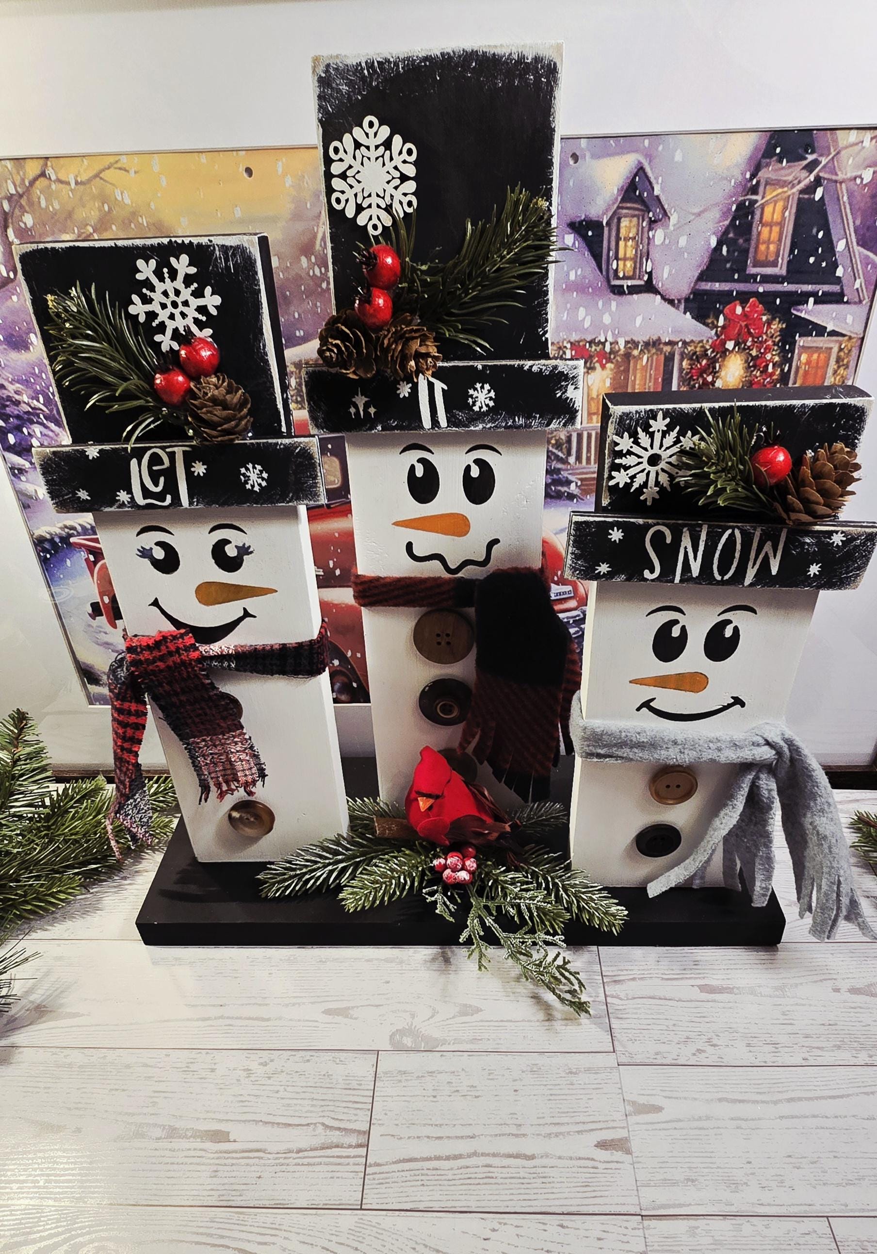 Rustic Snowman Shelf Sitter-Christmas Wood Decor-Hand painted Wood Snowman- Winter Holiday Centerpiece-Wood Snowman set - Thumbnail 4