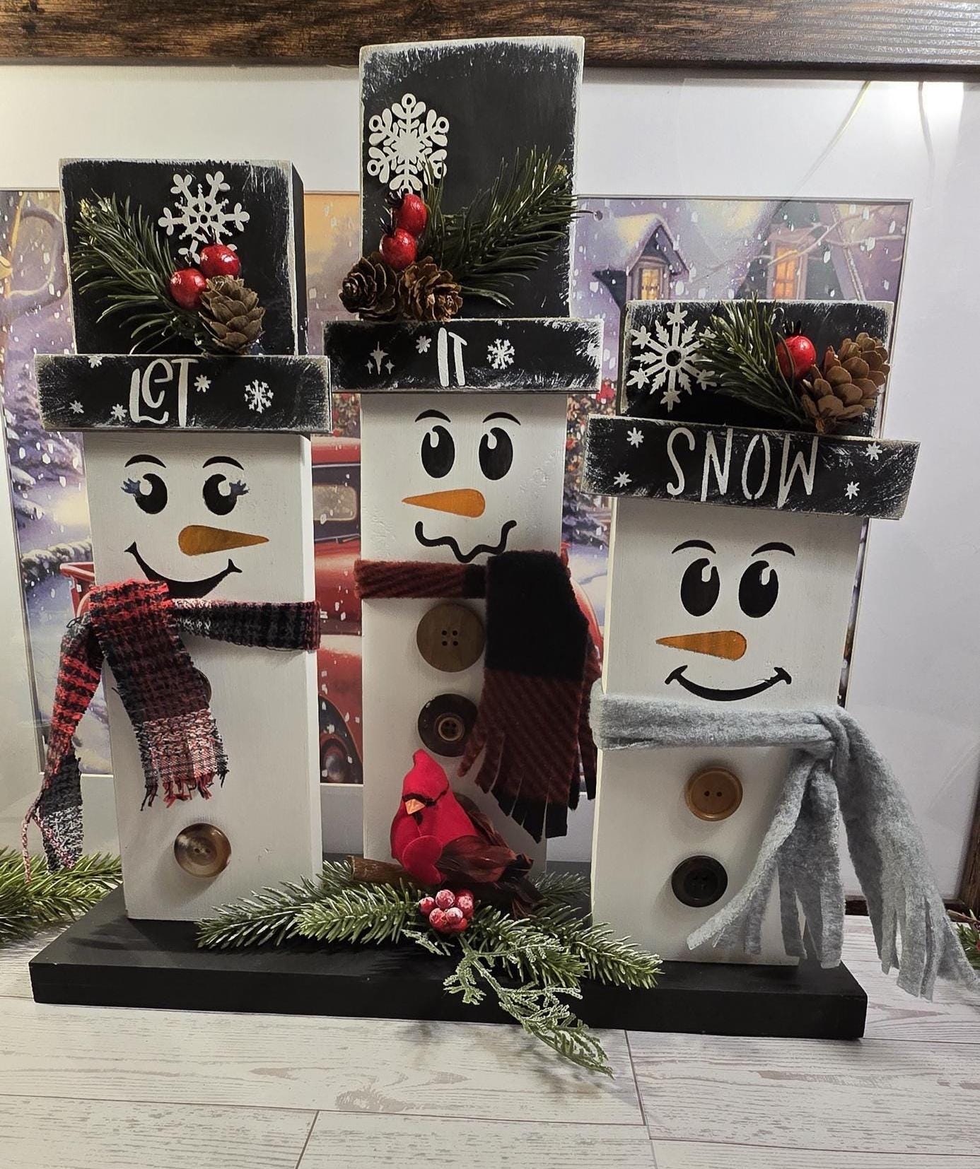 Rustic Snowman Shelf Sitter-Christmas Wood Decor-Hand painted Wood Snowman- Winter Holiday Centerpiece-Wood Snowman set - Thumbnail 7