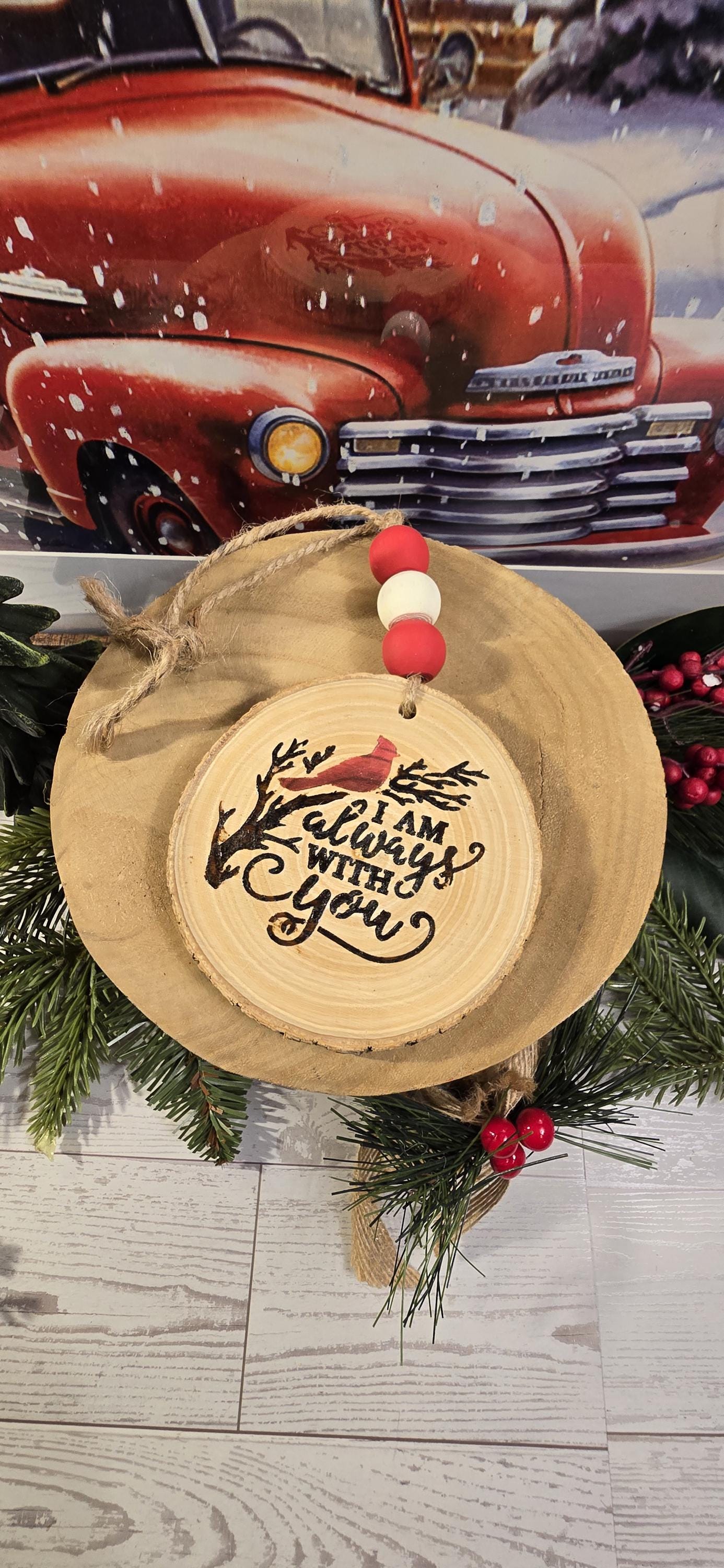 Natural Wood Slice Christmas Ornament, Hand Painted-Christmas Tree Ornaments, Rustic Wood Slice Ornaments, I am always with you saying - Thumbnail 4