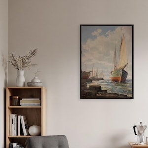 Vintage Sailboat Poster, Nautical Harbor Painting Print, Ocean Coastal Decor, Maritime Seaside Wall Art, Bedroom or Living Room
