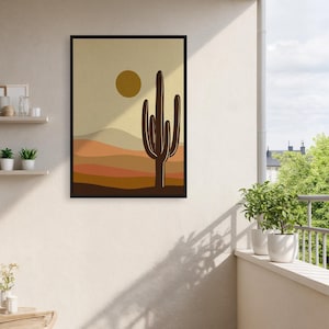 Desert Cactus Wall Art, Sunset Landscape Poster, Minimalist Earth Tone Print, Framed Boho Decor For Balcony, Nature Illustration Gift