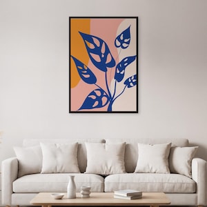 Modern Blue Leaf Wall Art Print, Abstract Botanical Poster, Bold Monstera Inspired Framed Decor, Minimalist Plant Artwork For Living Spaces