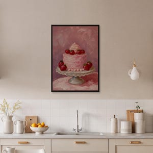 Retro Cake Wall Art, Vintage Strawberry Cake Print, Pretty Pink Kitchen Poster, Trendy Dessert Painting, Framed or Rolled Option