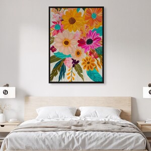 Colorful Floral Wall Art Poster, Bright Botanical Print, Framed Flower Bedroom Decor, Summer Flowers Illustration, Nature Inspired Art