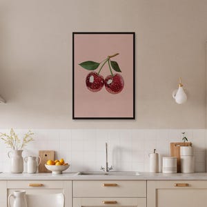 Framed Cherry Poster for Kitchen, Pink Fruit Wall Art, Minimalist Food Print, Cute Cafe or Dining Room Decor, Modern Artwork Gift