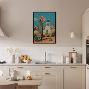 Desert Wall Art Print, Cactus Poster With Church, Framed Boho Southwest Decor, Arizona Vibe Wall Print, Warm Earth Tone Art For Living Room