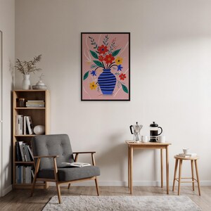 Colorful Floral Vase Wall Art Print, Modern Botanical Poster for Entryway or Living Room, Pink Background, Rolled or Framed Options