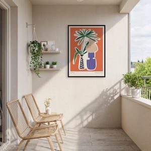 Modern Boho Abstract Plant Vase Wall Art, Terracotta Botanical Print for Framed or Rolled Display in Balcony, Entryway or Living Room