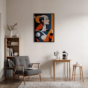 Framed Abstract Woman Wall Art, Bold Geometric Face Print, Colorful Modern Decor, Minimalist Female Portrait Gift for Home Office