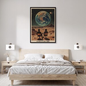Arte con vistas espaciales, póster de la Tierra desde la Luna, impresión retro de ciencia ficción, pieza de pared futurista, escena cósmica enmarcada, regalo para amantes del espacio, arte de astronautas