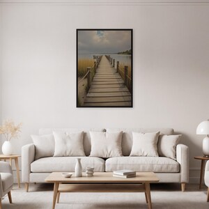 Pier Landscape Wall Art Print, Rolled or Framed Tranquil Coastal Poster, Serene Nature Decor, Wooden Dock Over Water for Living Room