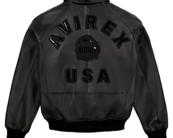 Men's Black Lambskin Leather Bomber Jacket: Avirex USA Aviation Style