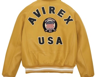 Men's Avirex Yellow Real Leather Bomber Jacket, American Flight Style