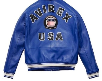 Men's Avirex Lambskin Leather Bomber Jacket: Blue American Flight Style