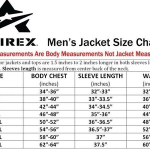 May include: A size chart for AVIREX men's jackets, displaying body measurements in inches. Includes chest, sleeve, and waist sizes from S to 5XL. The chart also notes that jacket lengths are 1.5 to 2 inches longer than body measurements.