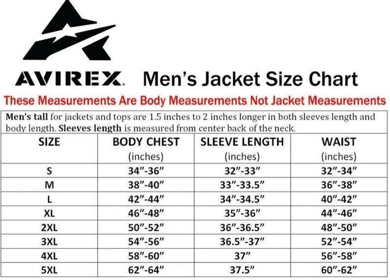 May include: A size chart for AVIREX men's jackets, displaying body measurements in inches. Includes chest, sleeve, and waist sizes from S to 5XL. The chart also notes that jacket lengths are 1.5 to 2 inches longer than body measurements.