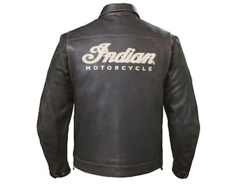 Distressed Black Leather Motorcycle Jacket: Vintage Indian Biker Cafe Racer