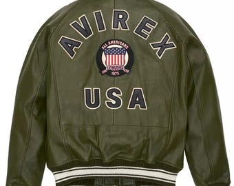 Chaqueta bomber Avirex verde oliva para hombre: auténtica piel de cordero, estilo icono de la aviación americana.