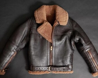 Men's Brown Shearling Leather Bomber Jacket: Handmade RAF Irvin Style