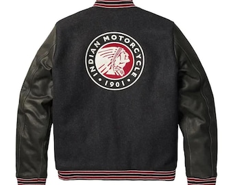 Indian Motorcycle Black Wool & Leather Vintage Bomber Jacket Men's Handmade Varsity jacket