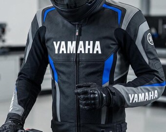 Yamaha Racing Leather Motorcycle Jacket – Black Blue Protective Riding Gear